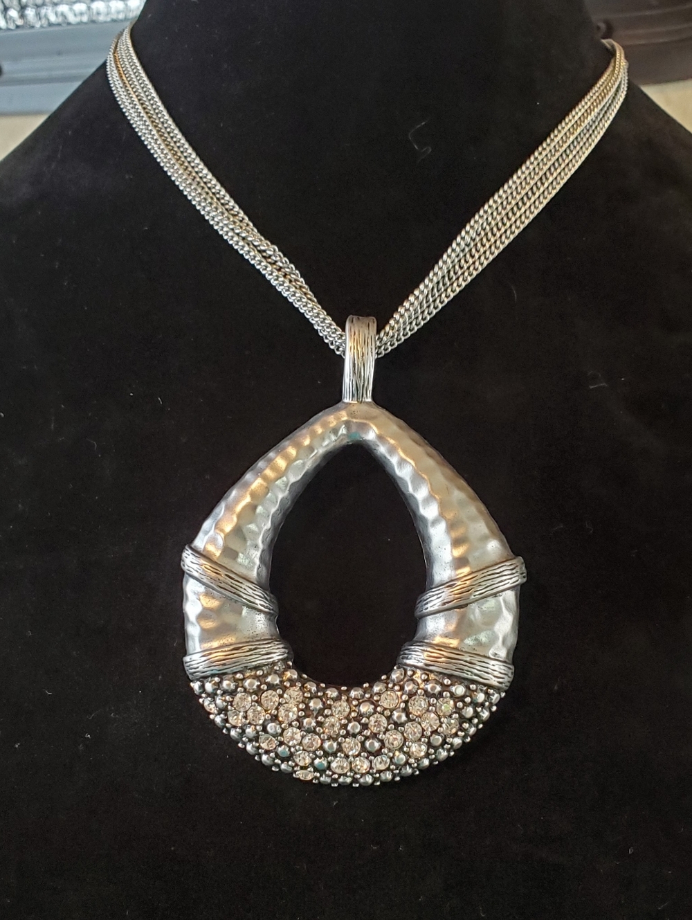 Silver-Tone Crystal Pavé Open Teardrop Hammered Pendant Necklace